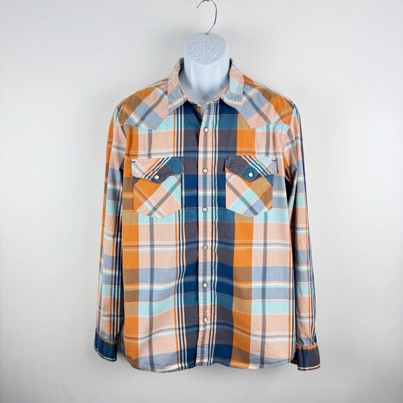 Aeropostale Mens Large Plaid Shirt Western Pearl Snap Button Long Sleeve Orange - Picture 16 of 16